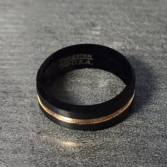 Men's Real Black Tungsten Promise Ring 14K Gold Filled Center Groove Gold Line - Picture 9 of 12